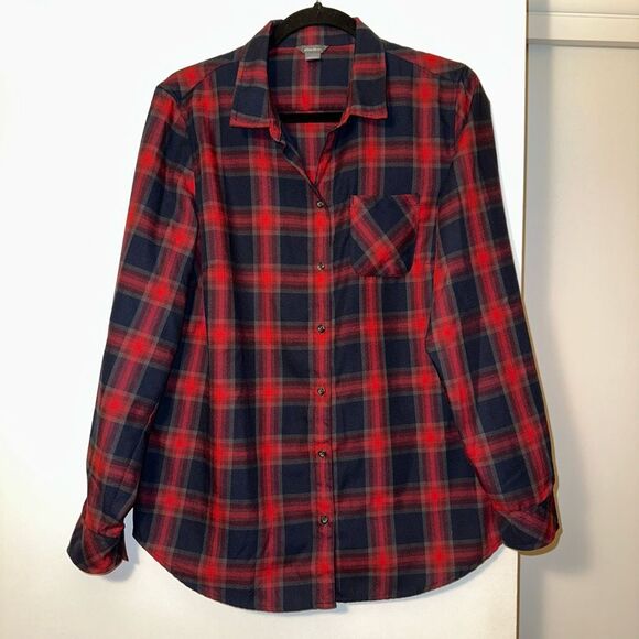Eddie Bauer Large Plaid Button Down Collared LS Women Flannel Shirt Red Navy EUC - Picture 1 of 12